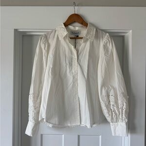 En Saison White Embroidered Collar & Cuff Button-Down Blouse
